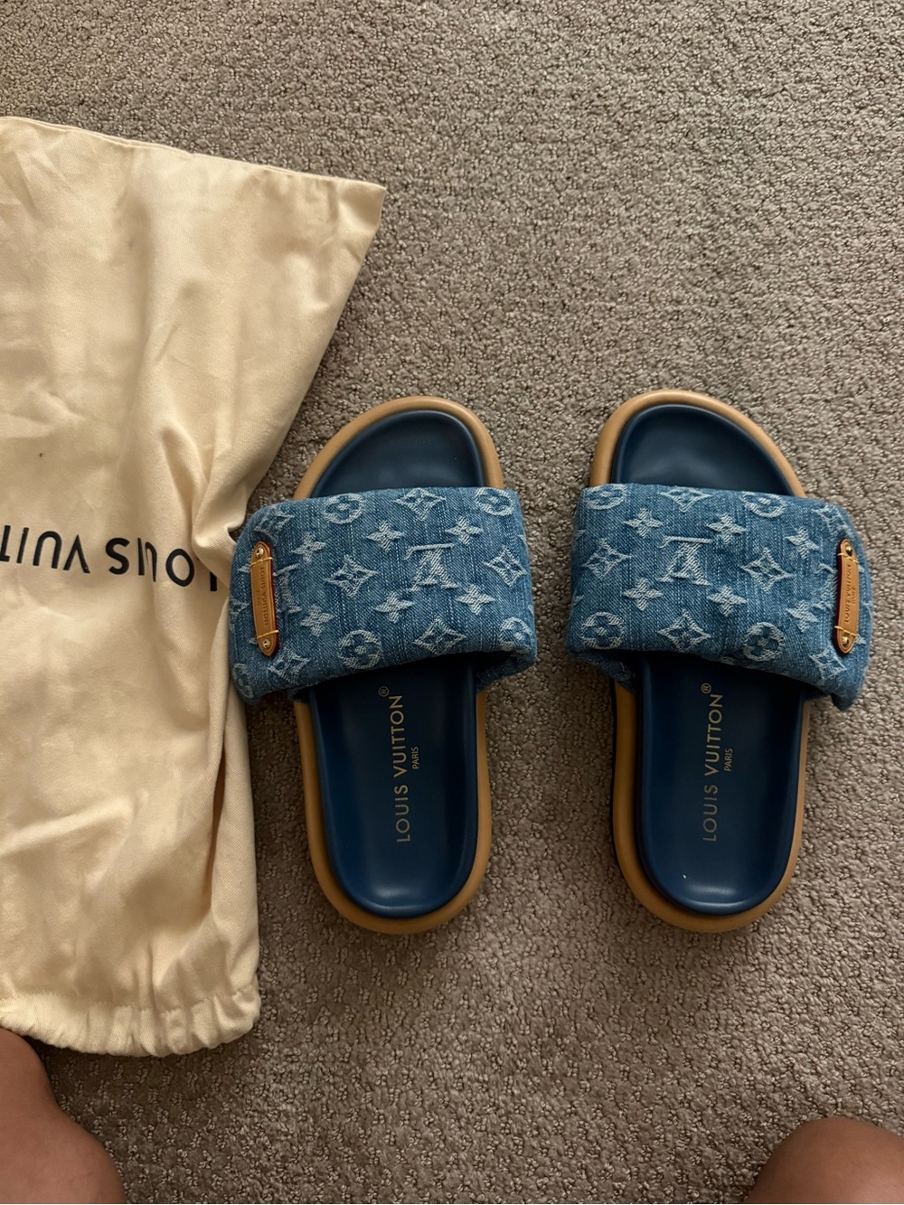 Louis Vuitton Denim Monogram Slide Sandals in Blue and Tan - Picture 1 of 4